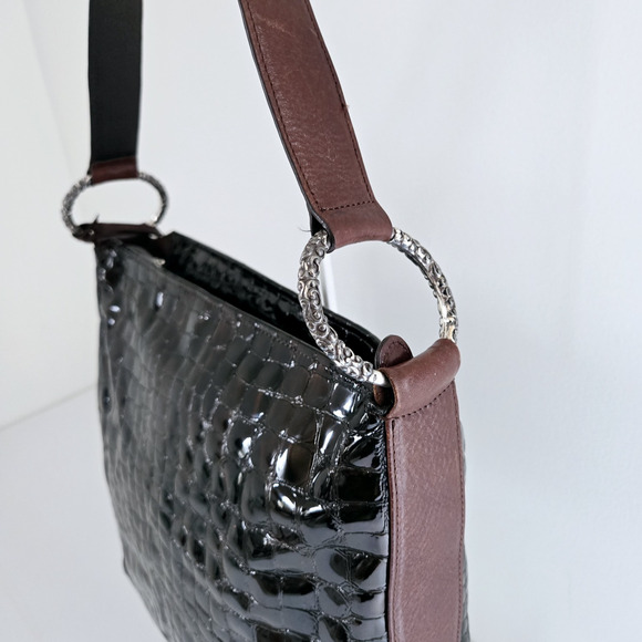 Brighton Shoulder Bag Dark Brown Patent Leather Croc Embossed Classic Purse 12" - Picture 7 of 16